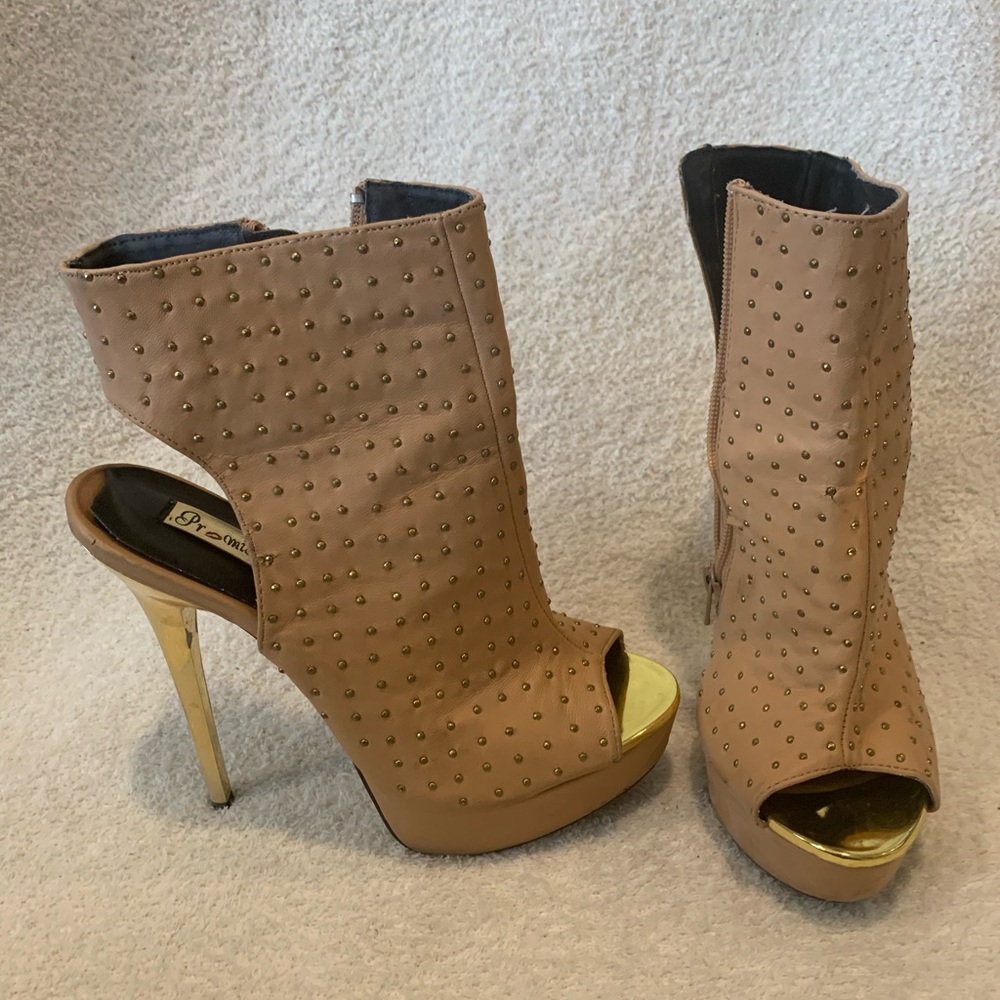 Studded Tan Peep-Toe Heels